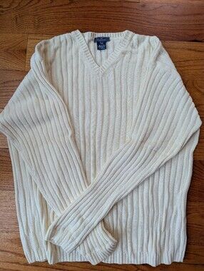 Faconnable Men's Cream Ribbed V-Neck Sweater